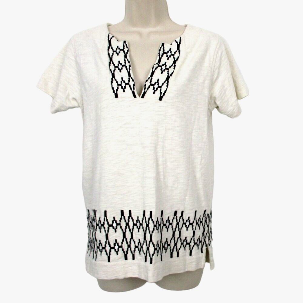 Madewell Top XS Ivory Embroidered Boho Black Artisan Stitch Relaxed Summer Knit